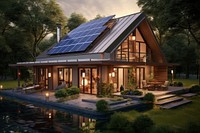 Cozy house with solar panels on the roof architecture building outdoors.