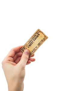 Photo of hand holding ticket text white background currency.