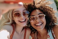 Happy two women laughing while taking selfie photography sunglasses portrait.