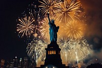 Statue of liberty in front of fireworks landmark independence architecture.