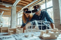 Two architect people looking at a table with virtual glasses togetherness architecture cooperation.