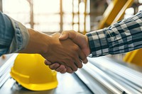 Two architects people shaking hands in front of yellow hard hats on desk handshake hardhat adult.