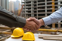 Two architects people shaking hands in front of yellow hard hats on desk construction handshake hardhat.