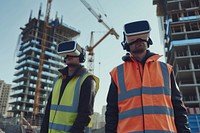 Two workers wearing a virtual reality headset standing in an construction site adult togetherness architecture.