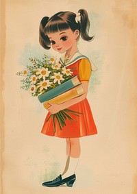 Vintage illustration of a girl art painting flower.