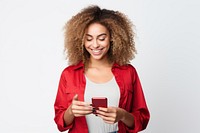 Woman holding mobile phone smiling smile adult.