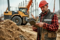 A construction worker with his tablet in front of the dirt and cranes hardhat helmet adult.