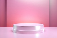 Cylinder podium and circle shape on holographic lighting pink colored background.