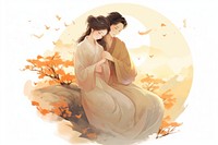 An antique chinese senior lover hugging adult togetherness affectionate.