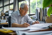 Asian elderly architect man working in a desk office furniture writing adult.