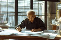 Asian elderly architect man working in a desk office furniture table adult.