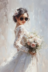 A woman in sunglasses wearing a wedding dress painting flower bride.