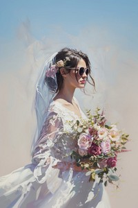 A woman in sunglasses wearing a wedding dress flower bride happiness.
