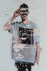 A skinhead teen man holding a cassette cover over his eye sunglasses portrait painting.