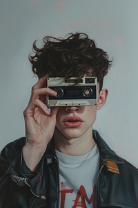 A skinhead teen man holding a cassette cover over his eye portrait painting camera.