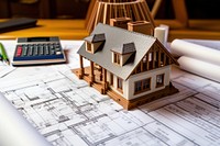 House model and calculator on top of construction plans architecture development investment.