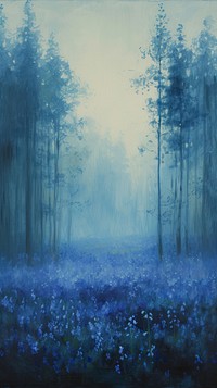 Minimal space Bluebells growing in a woodland field painting outdoors nature.