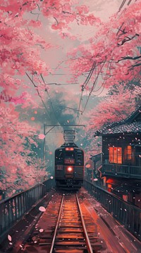 Minimal space train traveling on rail tracks with flourishing cherry blossoms along the railway vehicle autumn flower.