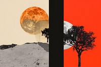 Abstract black and orange tree with sunset ripped paper astronomy outdoors collage.