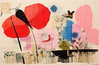 Abstract insect in flower garden ripped paper art painting collage.