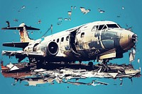 Abstract iridescent airplane ripped paper parallel glitch effect aircraft vehicle transportation.