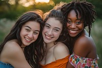 4 happy women laughing portrait outdoors.