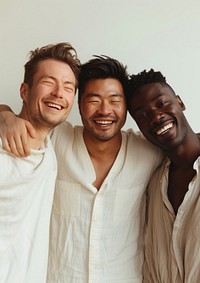 3 happy men laughing person adult.