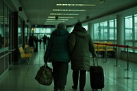 A elderly couple walking at airport adult bag infrastructure.