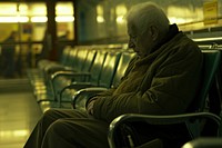 A elderly man traveling at airport sitting adult transportation.