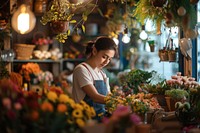 Woman working in a flower shop concentration entrepreneur arrangement.