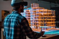 Architect using mixed reality to visualize building helmet adult.