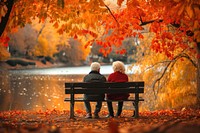 Elderly couple autumn plant bench.
