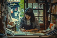 Japanese girl using stationary publication reading book.