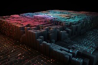 Visualization of quantum algorithms glowing night city.