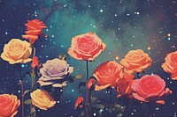 Collage Retro dreamy blooming roses backgrounds outdoors painting.