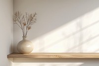 Minimal ceramic vase on wooden shelf in clean room window plant white.