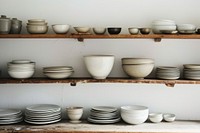 Minimal kitchen dishware on wooden shelf porcelain pottery bowl.