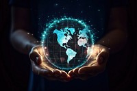 Hand holding digital global network connection globe planet world.