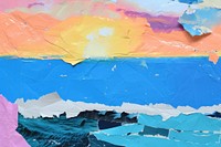 Abstract beach andd bright sky ripped paper art painting outdoors.