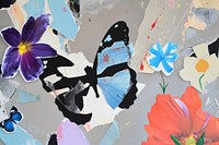 Abstract butterfly and flower ripped paper collage art painting.