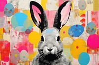 Abstract rabbit with easter eggs ripped paper art painting collage.