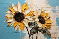 Abstract sunflower ripped paper collage art plant leaf.
