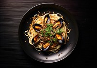 A mussel and clam soba with browned anchovy butter food plate meal.