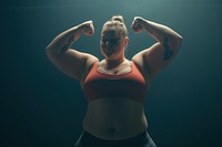Fat white woman flexing muscle portrait sports adult.