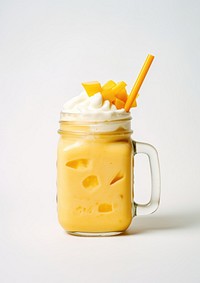 Mango juice frappe in glass mug jar food drink white background.