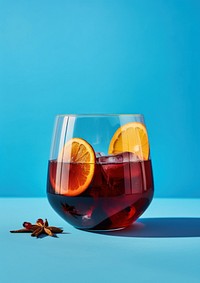 Mulled wine cocktail in glassware rock food blue blue background.