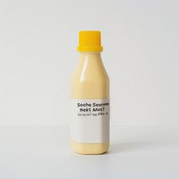 Plastic mustard sauce bottle white squeeze with blank white label white background laboratory container.