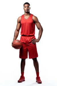 A basketball player standing confidently sports adult white background.