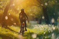 A woman riding bicycle in the park activity outdoors vehicle.