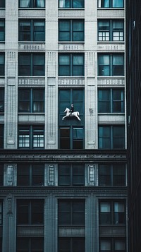  A businessman ride a white horse flying outside the building window architecture city skyscraper. AI generated Image by rawpixel.